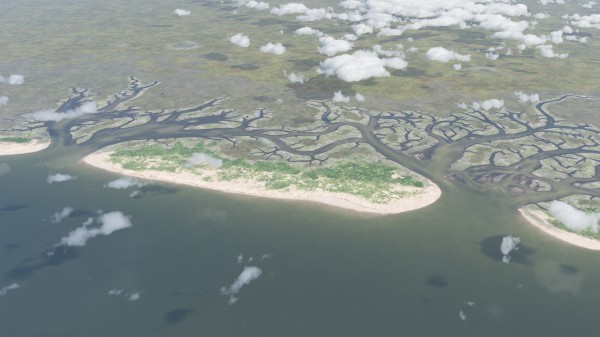 Artistieke impressie van het barrière-eilandensysteem voor het centrale deel van de Belgische kust (rond 4000 v.Chr.) bij vloed, met in beeld het eiland Testerep, gezien vanaf de Noordzee